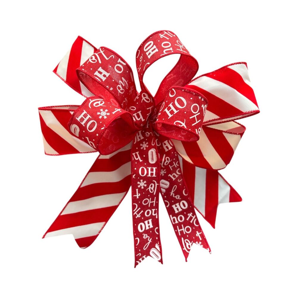 Candy Cane "Ho Ho" Christmas Bow - 12-Inch Wired Ribbon Festive Decor! - Picture 2 of 2